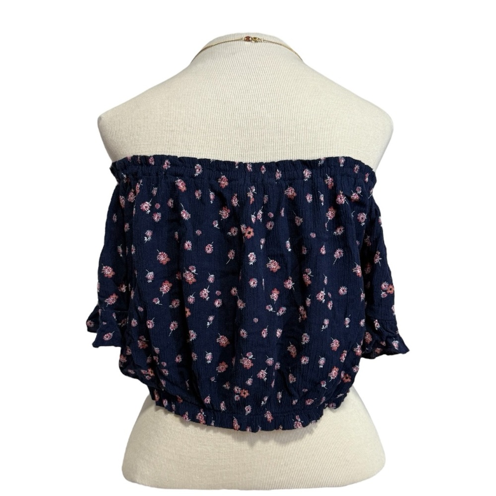 Full Tilt Navy Blue Floral off the shoulder retro stretch Blouse - Picture 3 of 5